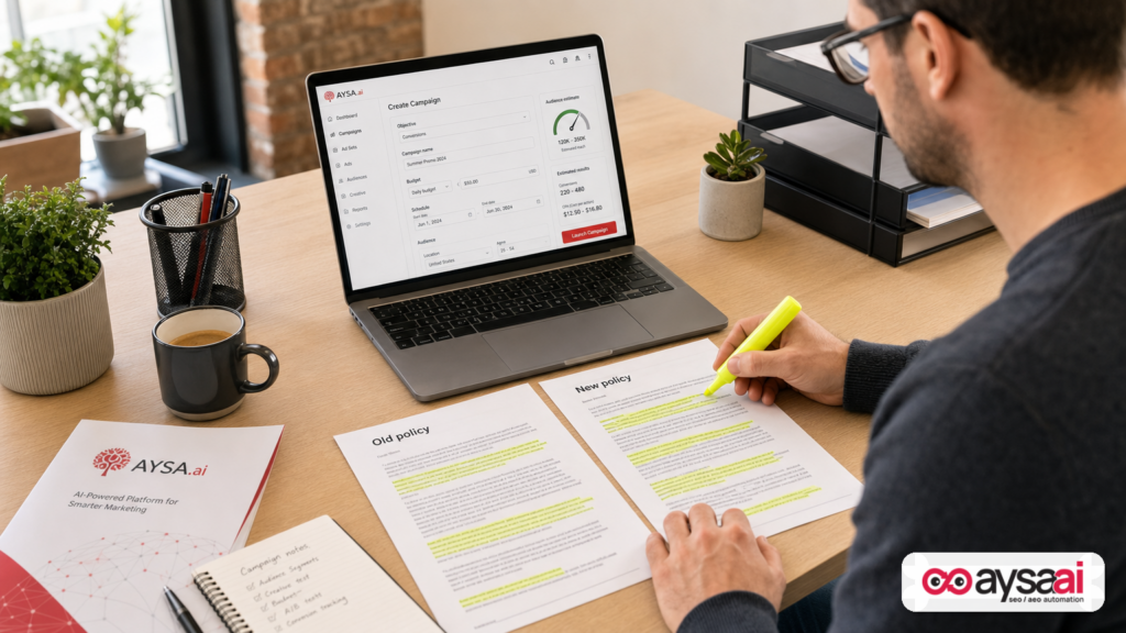 Marketer comparing old vs new advertising policy documents next to a blurred campaign builder screen.