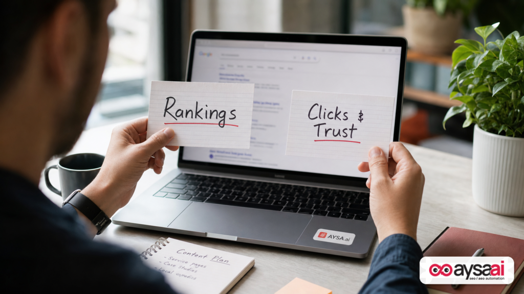 Marketer comparing priorities: rankings versus clicks and trust when writing meta descriptions.