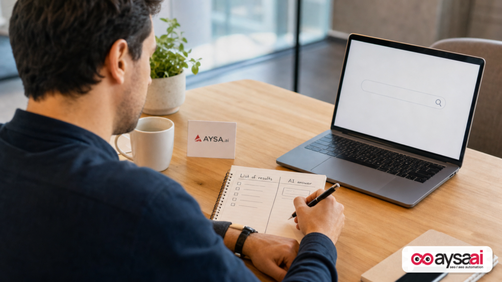 Marketer comparing traditional search results with AI answer style discovery on a notepad.