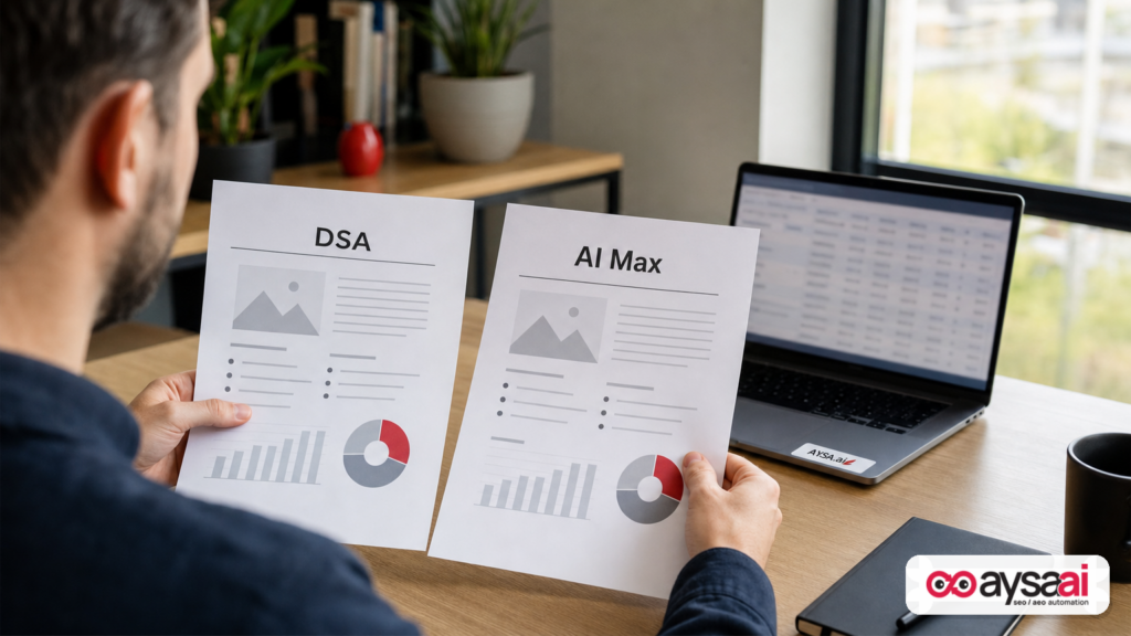 Marketer comparing two campaign briefs representing DSA versus AI-based search setup.