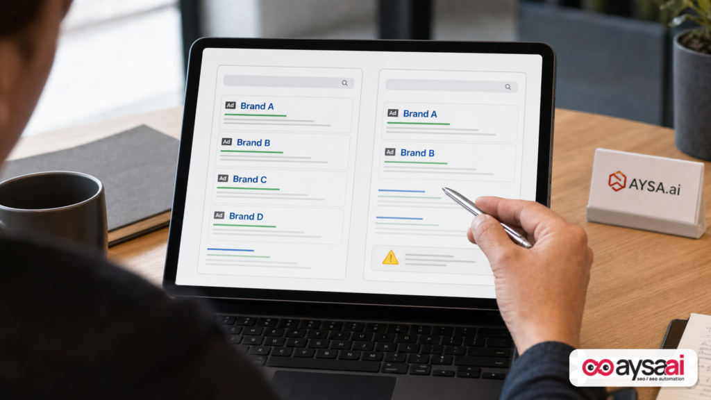 Marketer comparing two generic search results mockups illustrating reduced ad delivery under a limited serving scenario.