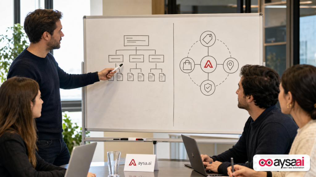 Marketer comparing website crawl visibility versus connected business relationships for AI understanding.
