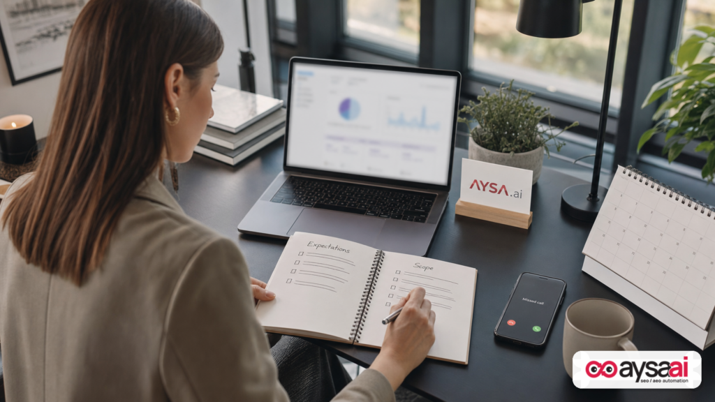 Marketer desk scene showing planning documents for PPC expectations and scope management.