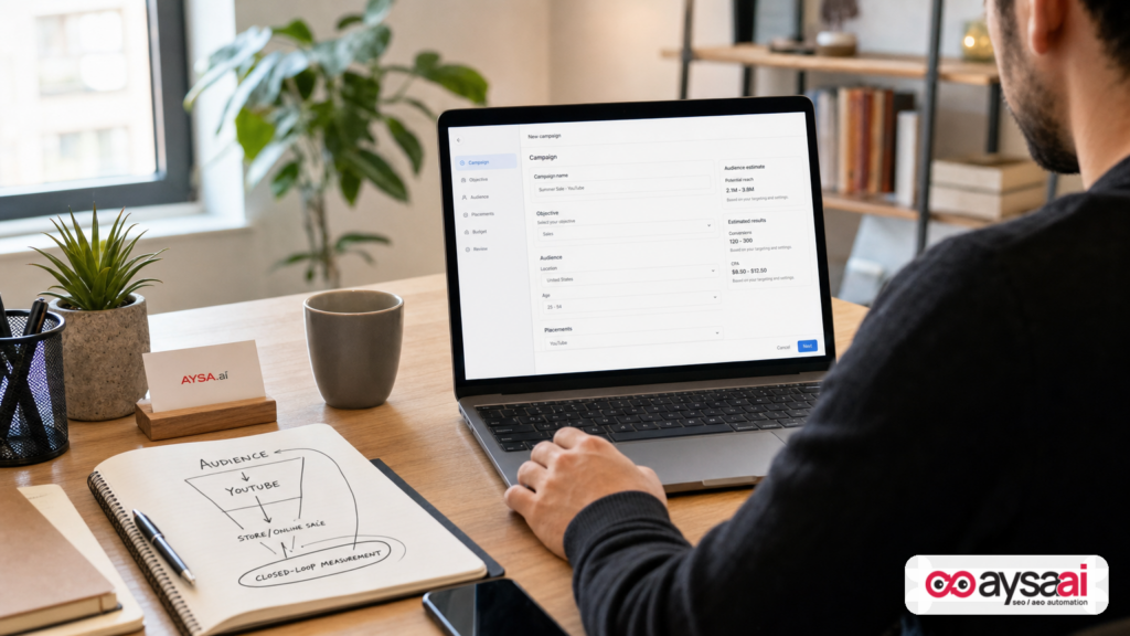 Marketer desk with a handwritten funnel sketch showing audience targeting and closed-loop sales measurement for video campaigns.