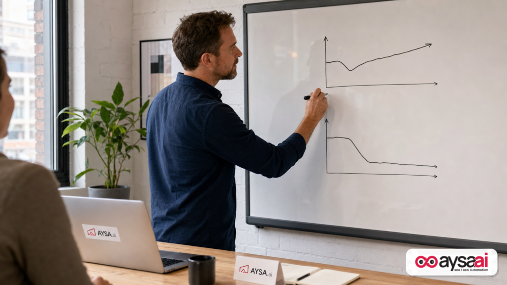 Marketer drawing two traffic patterns on a whiteboard to compare normal migration volatility vs a prolonged traffic drop.