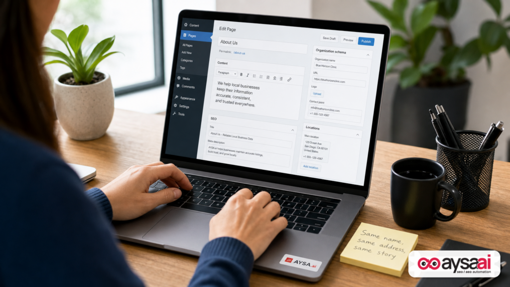 Marketer editing organization and location structured data in a website interface.