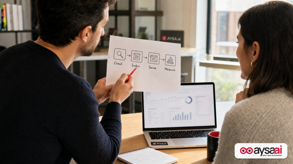 Marketer explaining a crawl-index-serve-measure workflow on paper