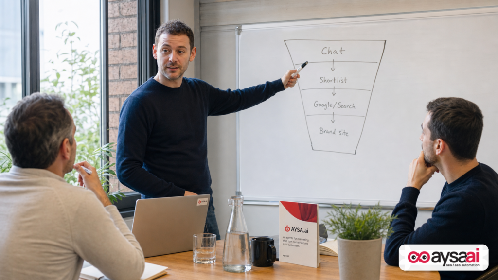 Marketer explaining a simple funnel from AI chat to search to brand website.