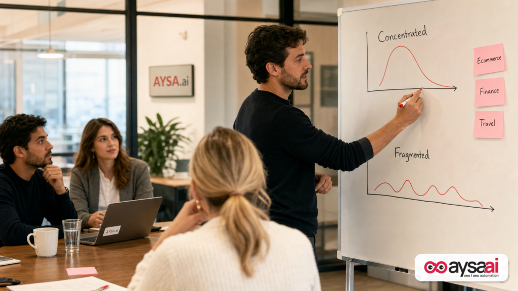 Marketer explaining concentrated versus fragmented AI search traffic patterns on a whiteboard