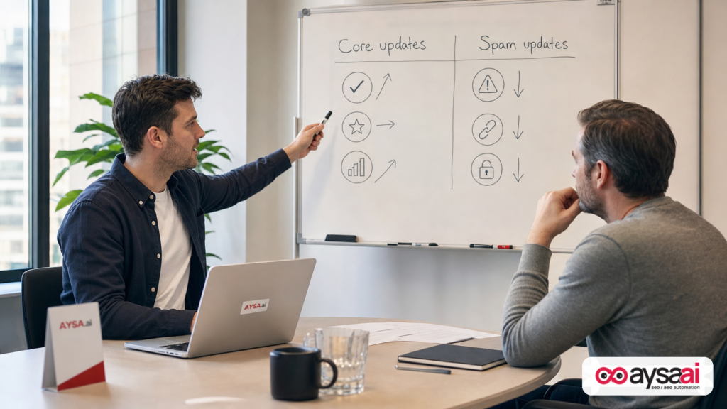 Marketer explaining differences between core updates and spam updates to a business owner using a simple whiteboard diagram.