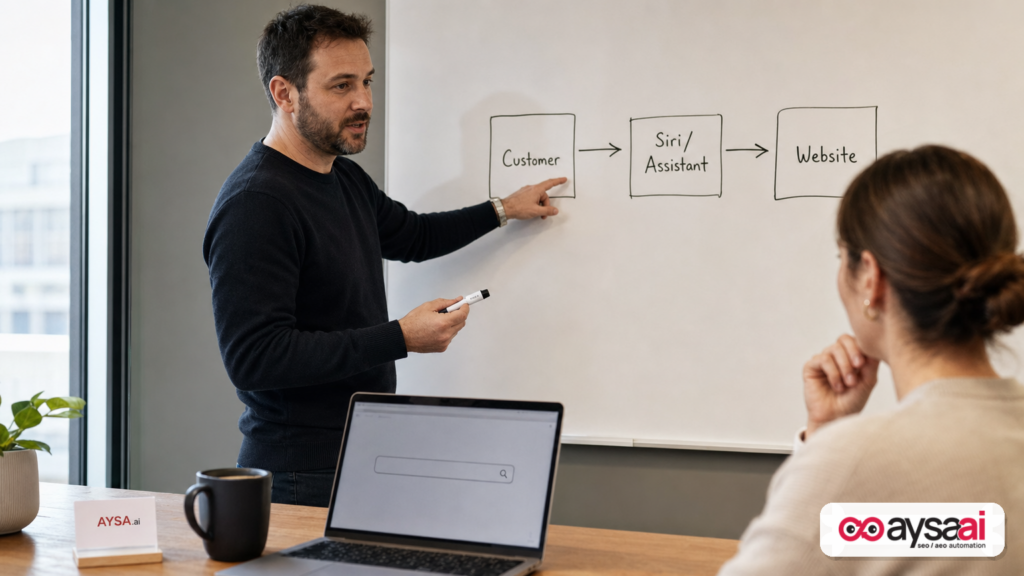 Marketer explaining how an AI assistant sits between a customer and a website before a click happens.