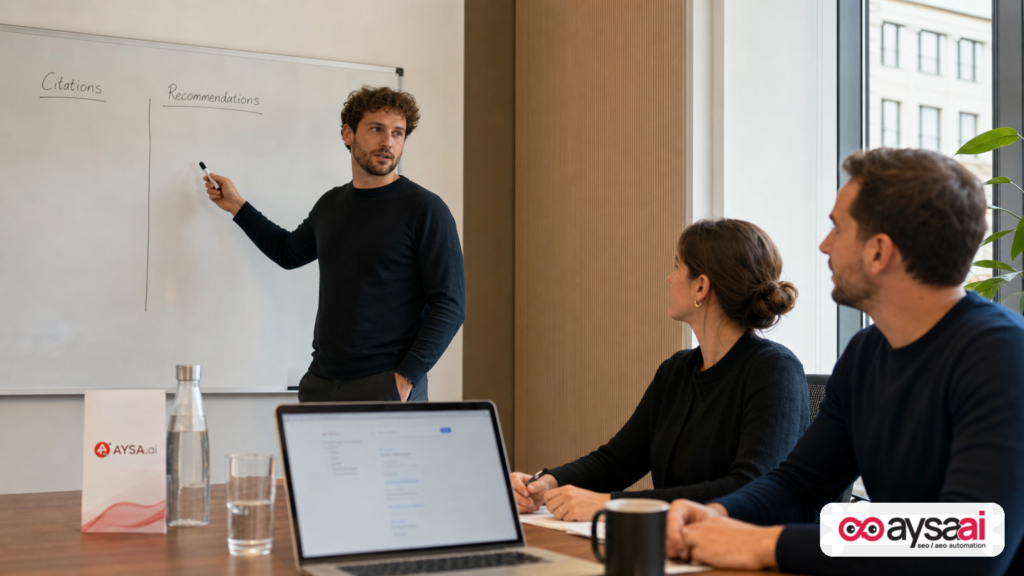Marketer explaining the difference between AI citations and AI recommendations on a simple whiteboard.