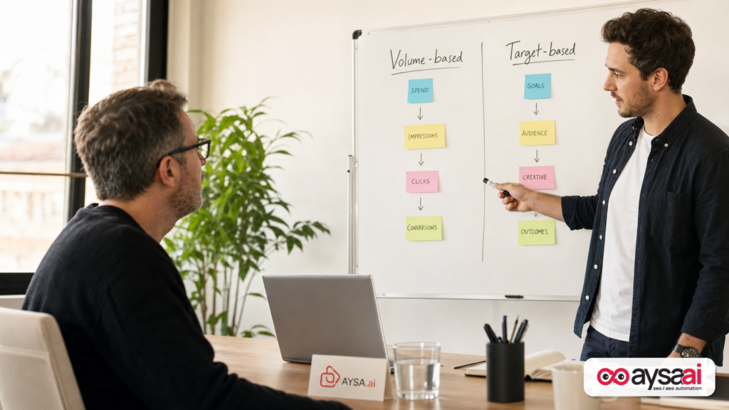Marketer explaining the difference between volume-based and target-based bidding on a whiteboard.