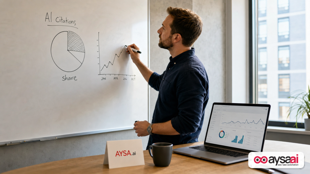 Marketer illustrating AI citation share as a proportion on a whiteboard.
