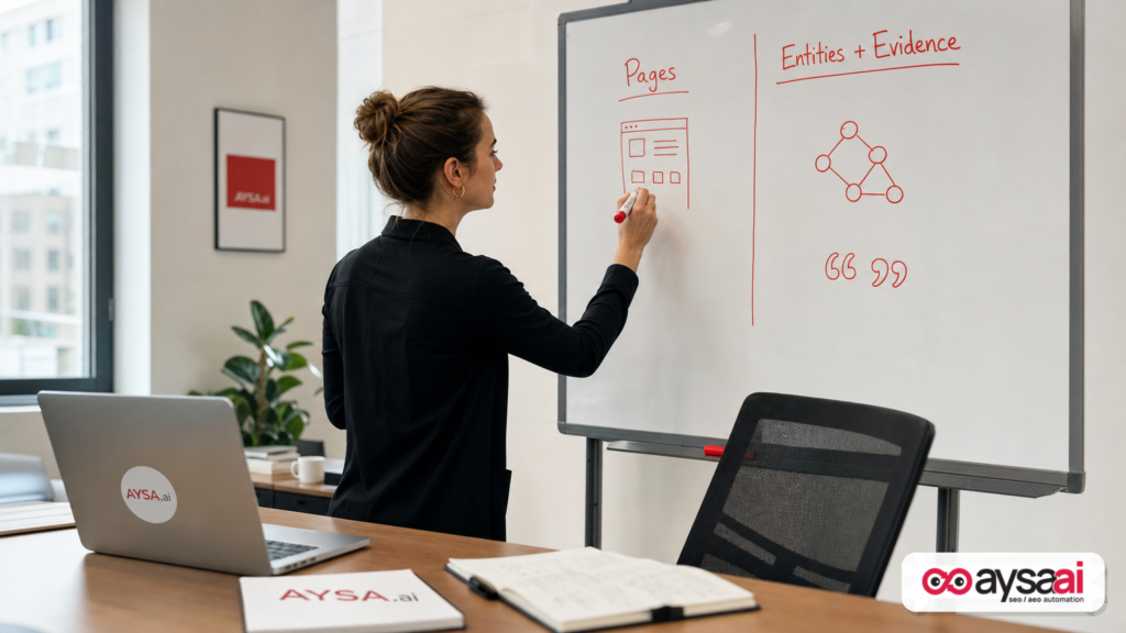 Marketer illustrating the shift from page-based SEO to entities and evidence for AI retrieval.