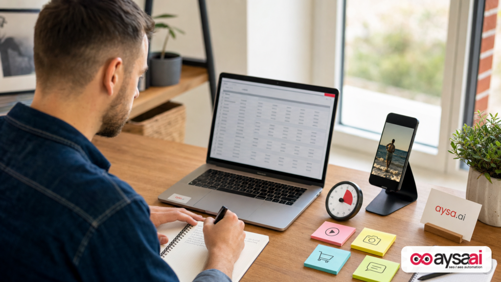 Marketer manually auditing short-form videos for quality signals at a desk.