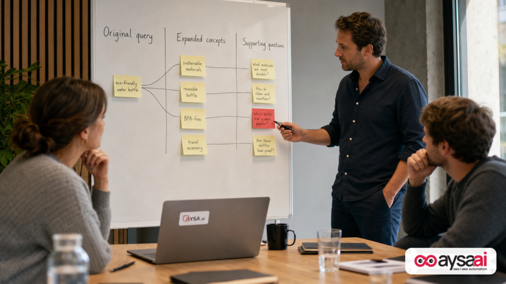 Marketer mapping an original search query to expanded concepts and supporting questions on a whiteboard.