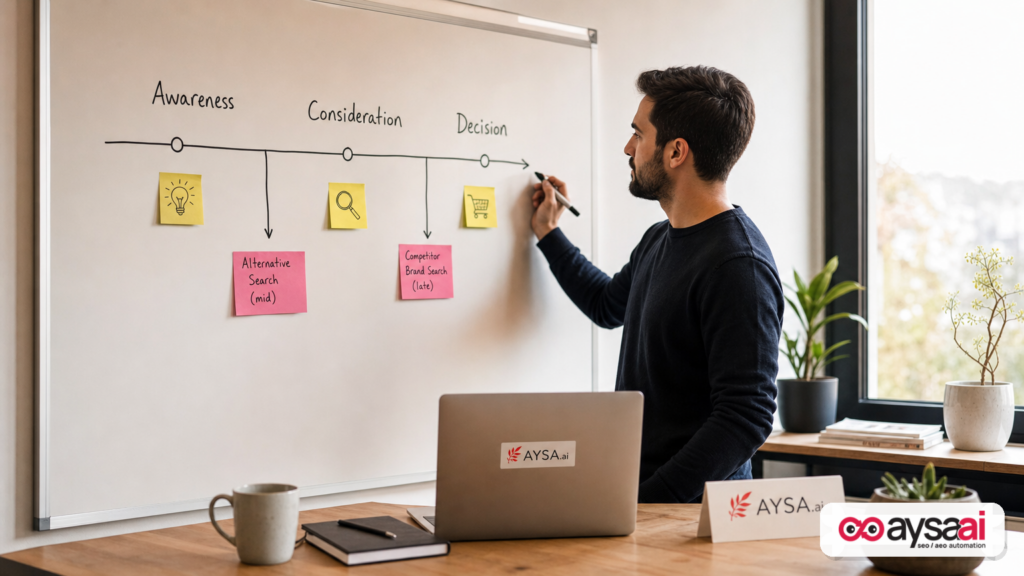 Marketer mapping buyer intent stages and where competitor brand searches happen versus alternative searches.
