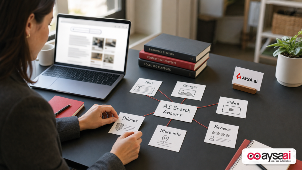 Marketer mapping how text, images, video, reviews, and business info converge into AI search answers.