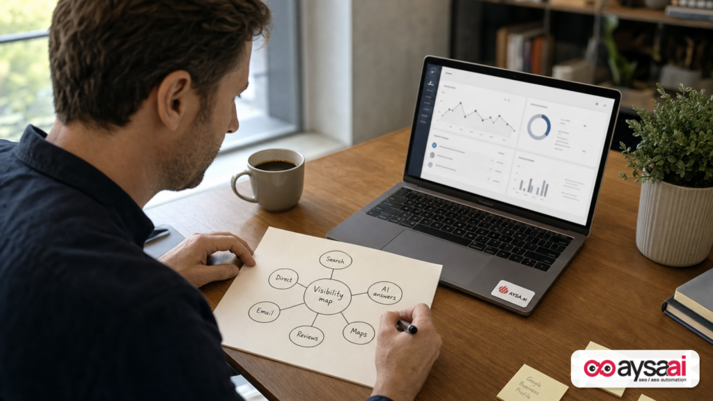Marketer mapping multiple visibility channels on paper to reduce reliance on a single AI answer surface.