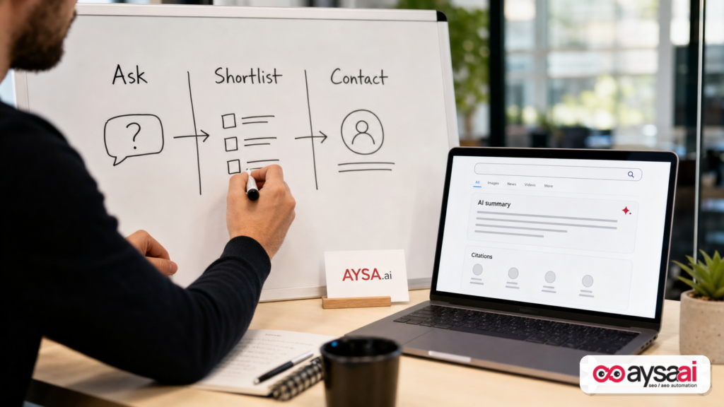 Marketer mapping the new AI-search buyer journey from question to shortlist to contact.