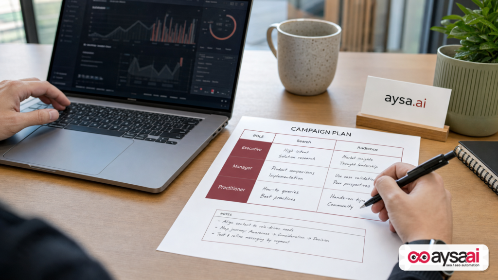 Marketer planning ad segmentation by executive, manager, and practitioner tiers on a desk next to a laptop.