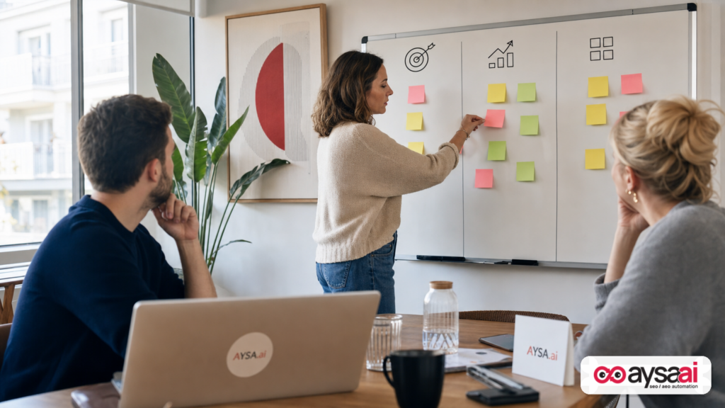 Marketer rearranging sticky notes on a whiteboard to map intent, market, and format after a Google update.