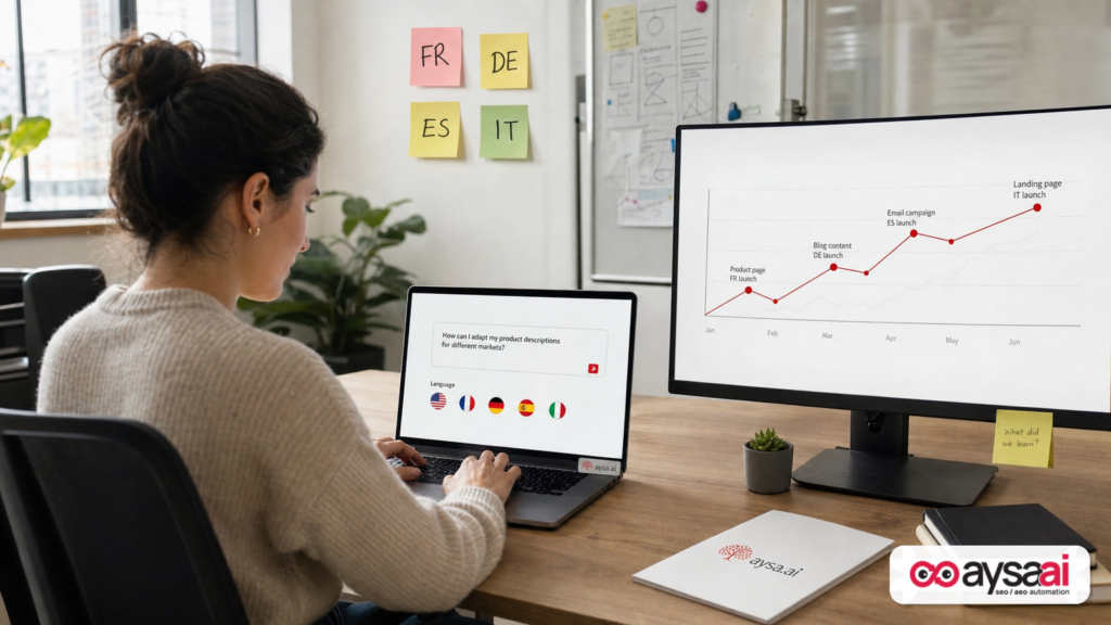 Marketer researching a financial question in multiple languages with a generic chart and annotations on screen.