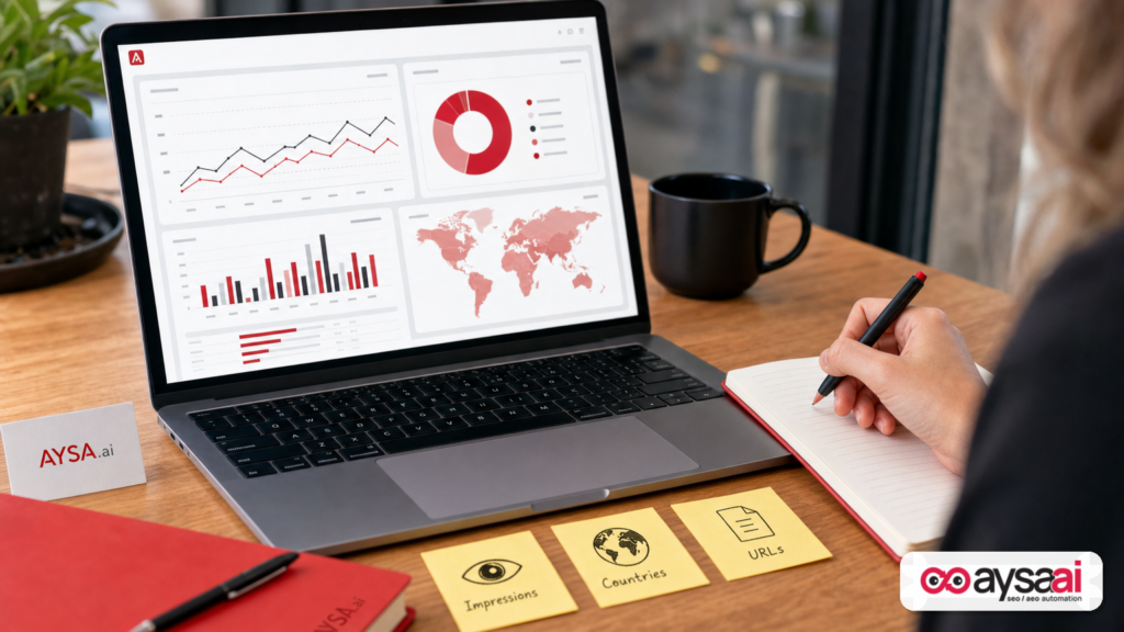 Marketer reviewing AI Search performance insights with notes about impressions, countries, and page visibility.