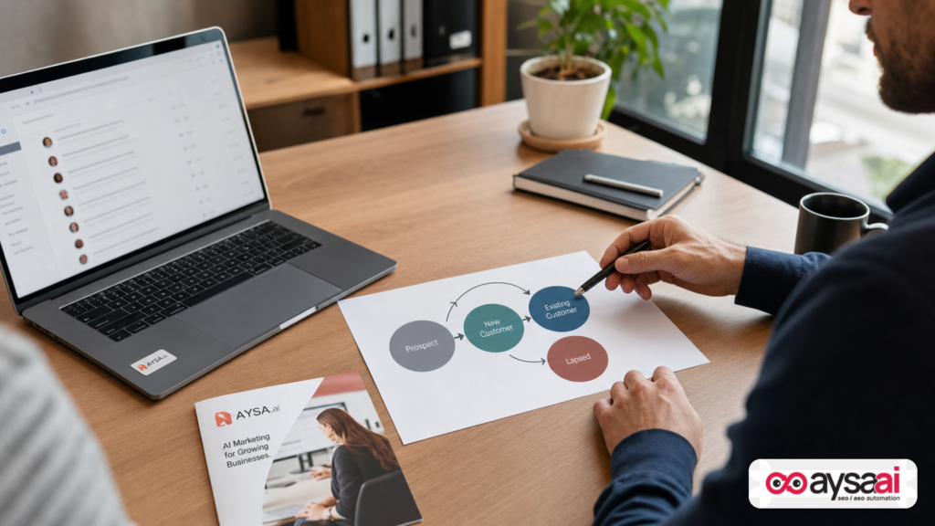 Marketer reviewing a customer lifecycle diagram next to audience lists on a laptop