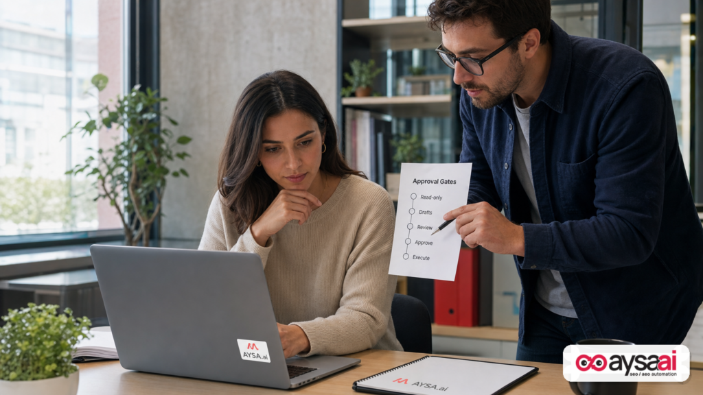 Marketer reviewing a drafted message with an approval checklist—illustrating read-only by default and human approval before execution.