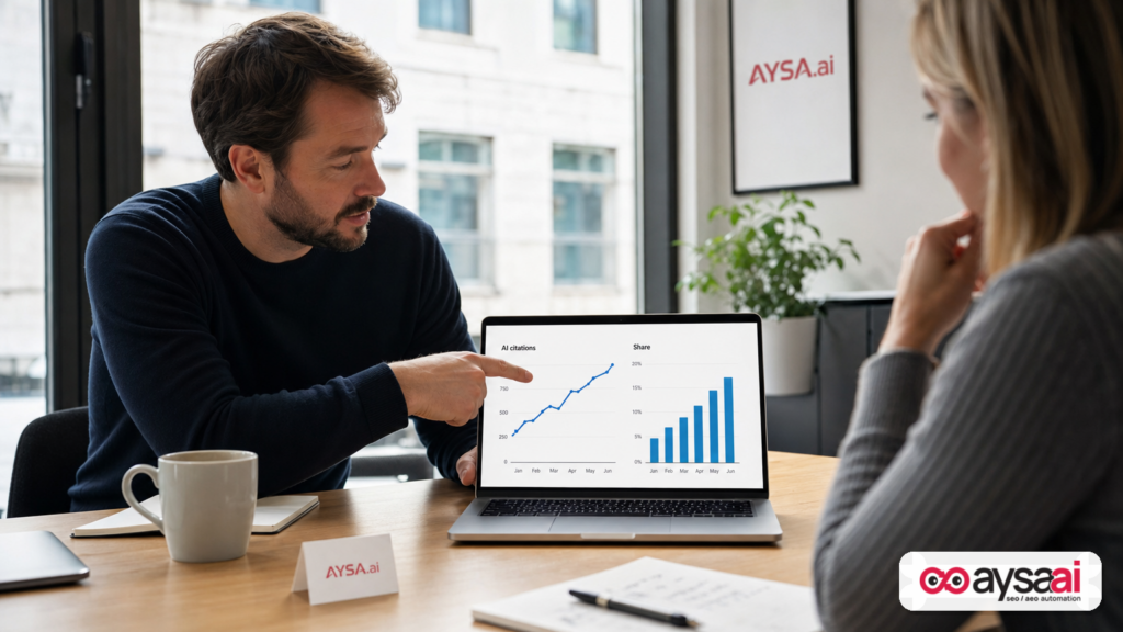 Marketer reviewing a generic AI citation visibility analytics screen with a business owner.