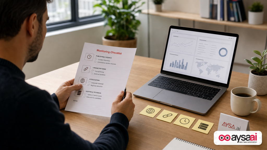 Marketer reviewing a monitoring checklist representing controllable signals like cadence, links, and localization.