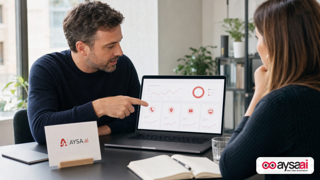 Marketer reviewing a report showing local actions like calls and direction requests alongside website clicks.