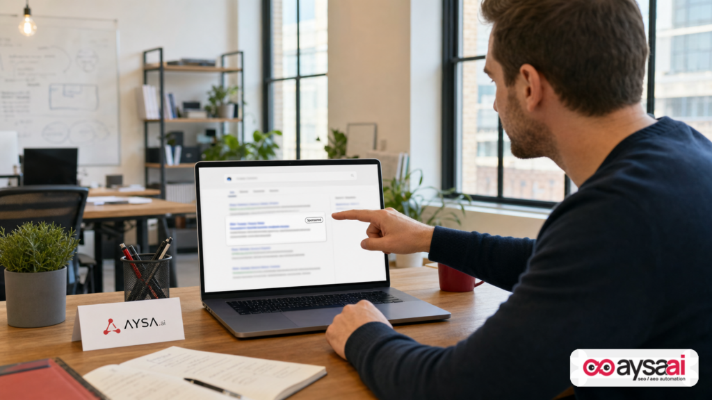 Marketer reviewing a search results page concept with a relevance label highlighted on one ad