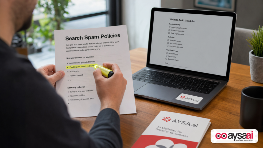 Marketer reviewing a search spam policy checklist next to a laptop and AYSA brochure.