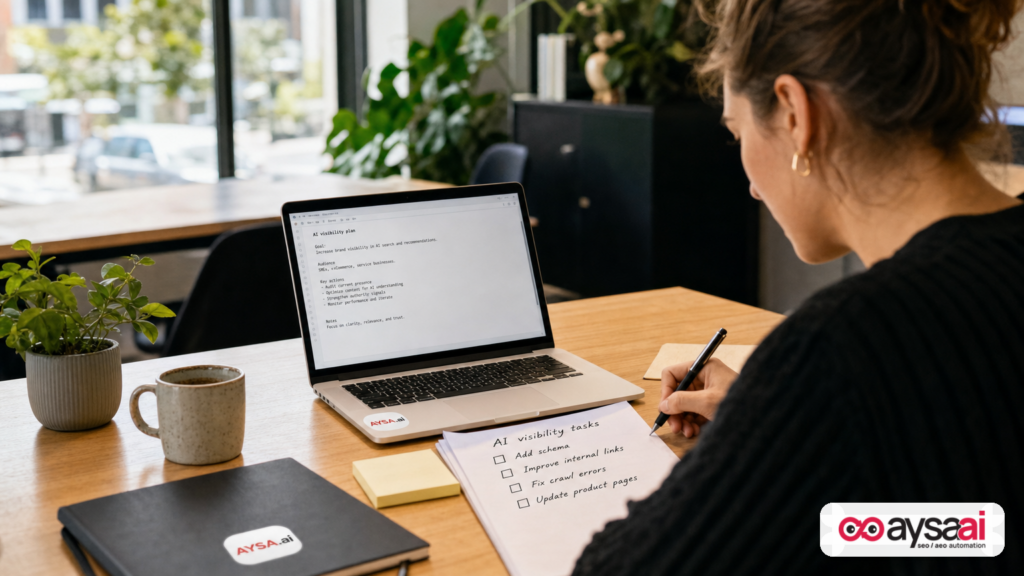 Marketer reviewing an AI visibility checklist next to a text file