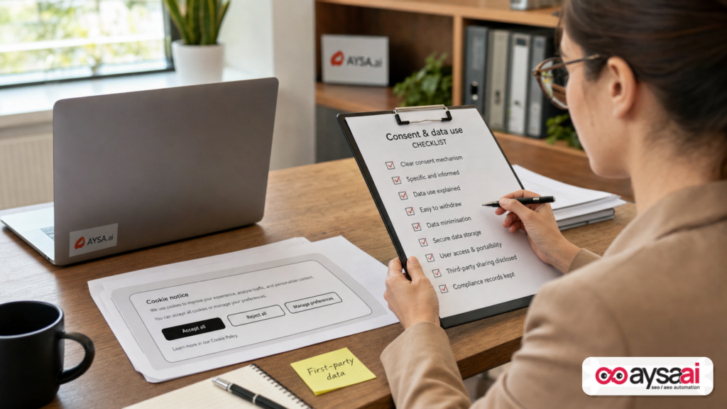 Marketer reviewing consent and first-party data checklist next to a laptop.