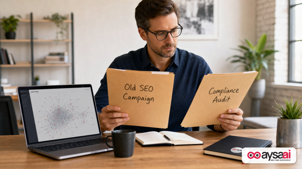 Marketer reviewing old SEO materials next to a compliance audit checklist