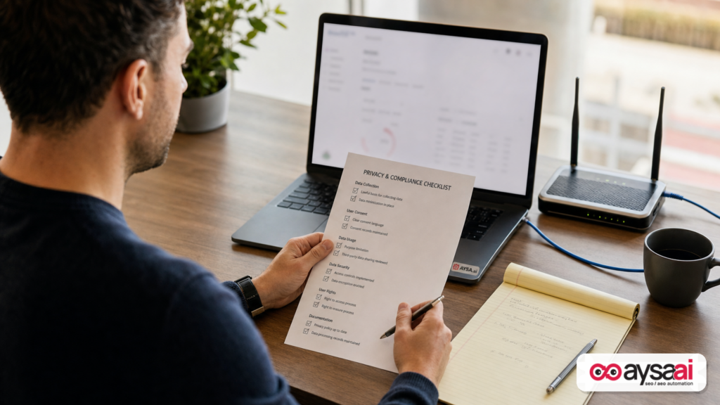 Marketer reviewing privacy checklist while planning identity matching inputs.