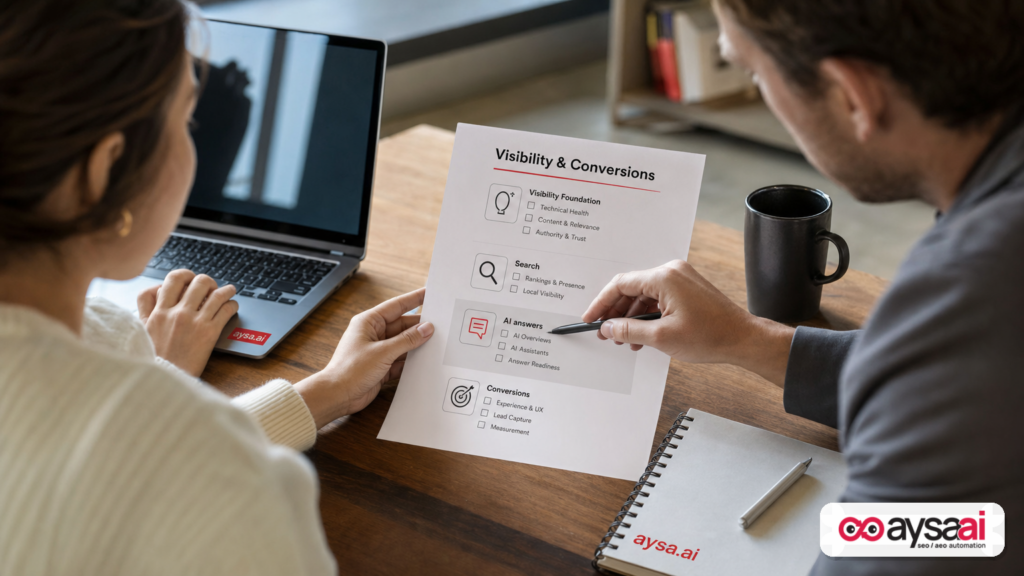 Marketer reviewing visibility and conversion workflow to adapt SEO when AI answers reduce clicks.