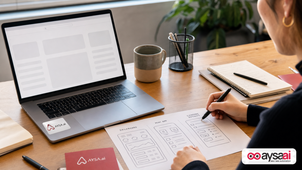 Marketer sketching a dashboard-style interface inspired by AI-generated search experiences.
