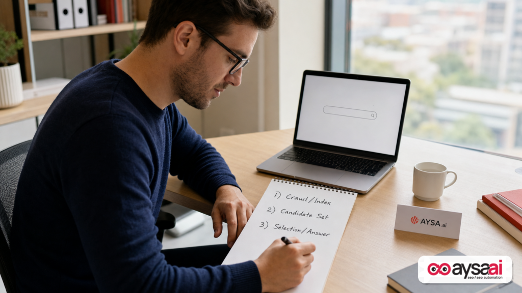 Marketer sketching a simple candidate set and selection workflow for AI search.