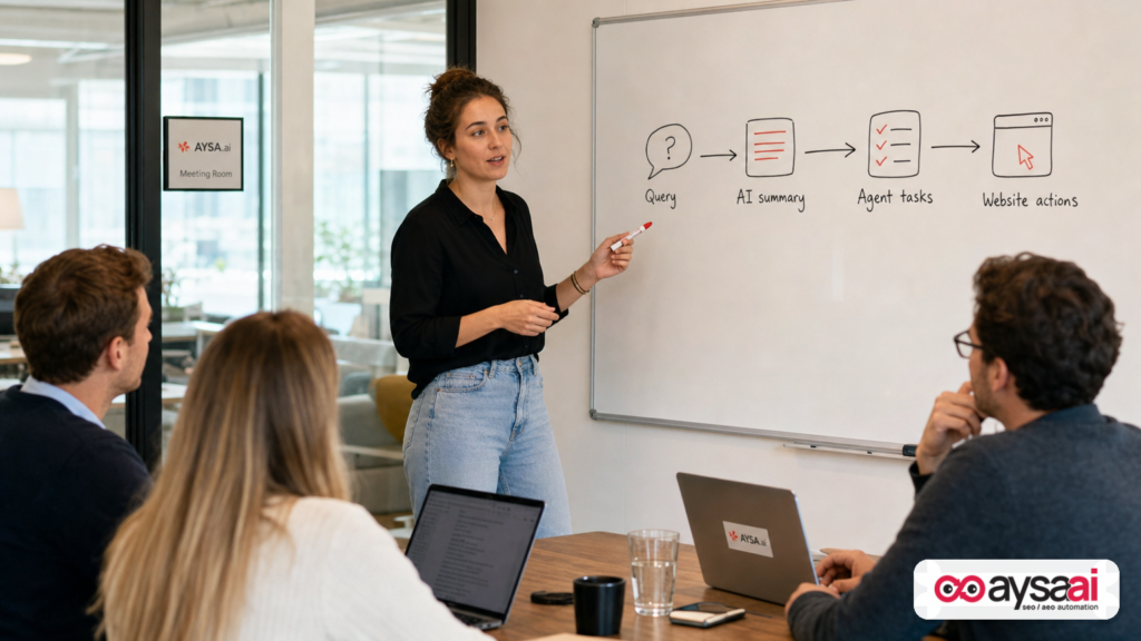 Marketer sketching a simple diagram of agentic search flow from query to tasks and website actions.