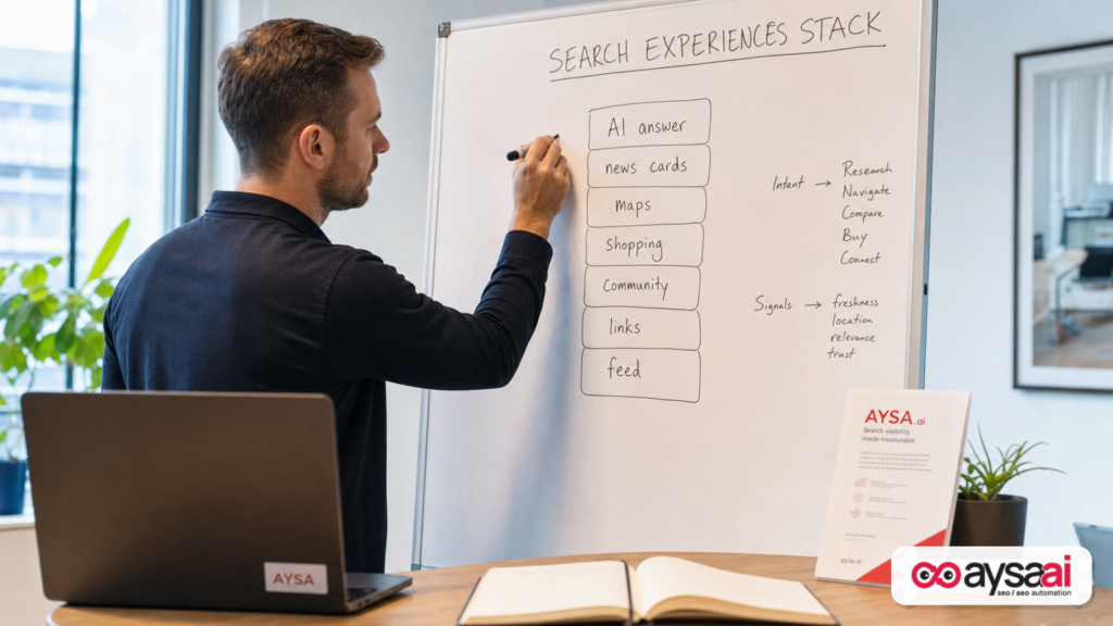 Marketer sketching a stack of modern search experiences including AI answers, maps, and classic links.