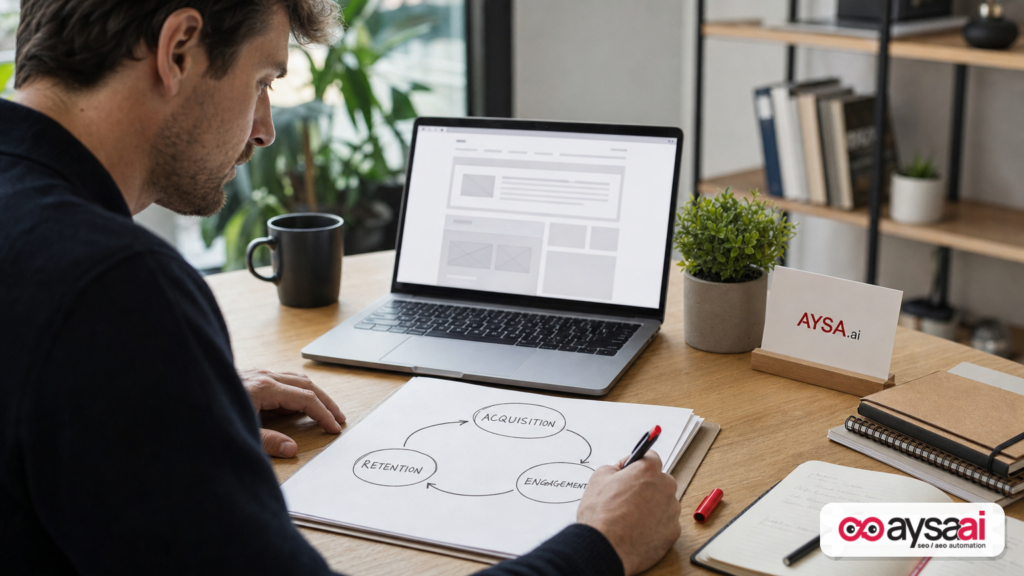 Marketer sketching an audience retention loop next to a laptop as a visual for loyalty-based search.