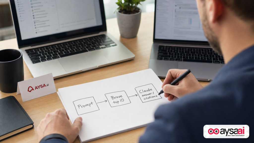 Marketer sketching how Brave Search results can flow into Claude’s cited AI answers.