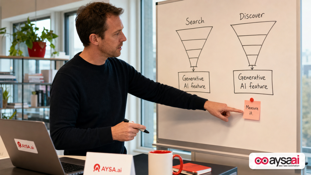 Marketer sketching separate Search and Discover paths into generative AI features on a whiteboard