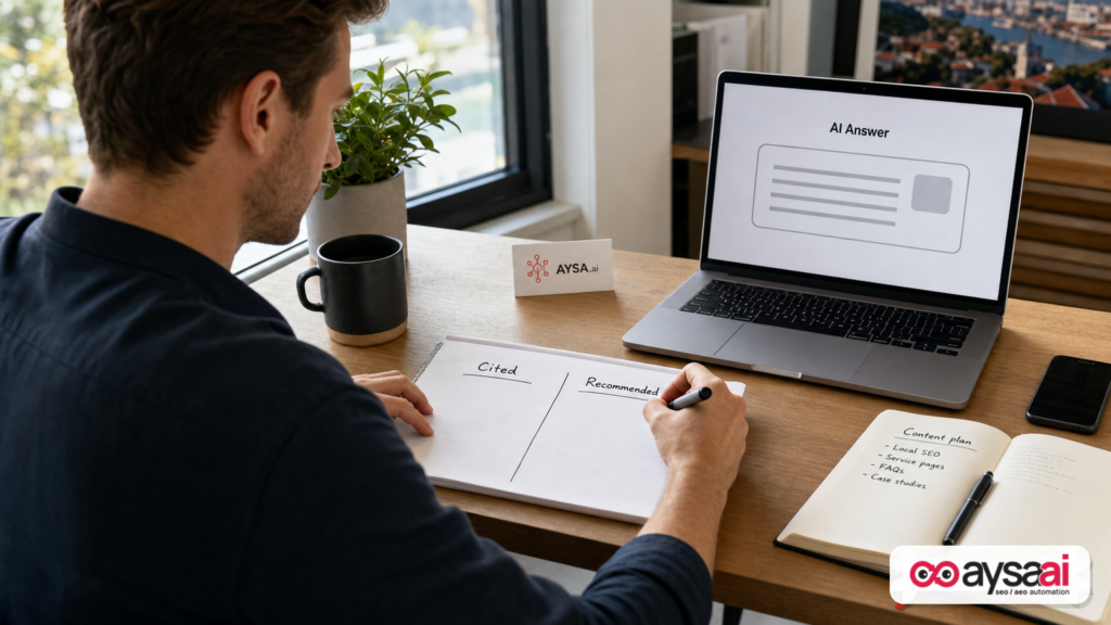 Marketer sketching the difference between being cited and being recommended in AI answers.