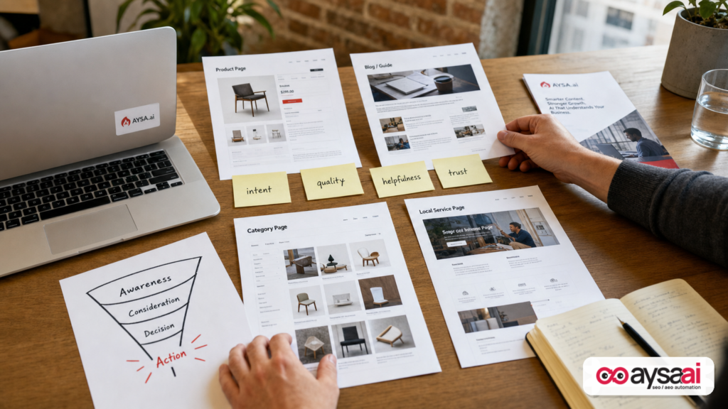 Marketer sorting different page types with sticky notes for intent and quality after a Google core update.